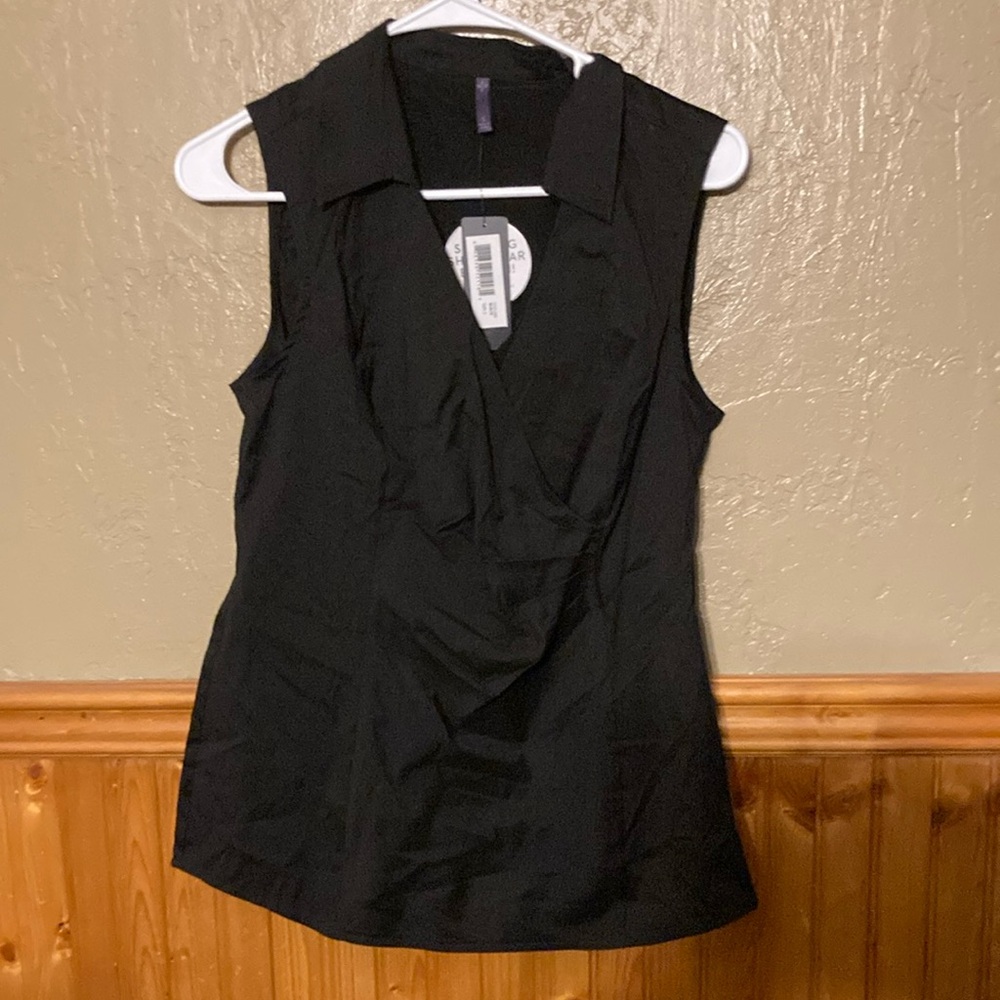 NWT NYDJ Black Wrap Sleeveless Blouse with Notched Collar